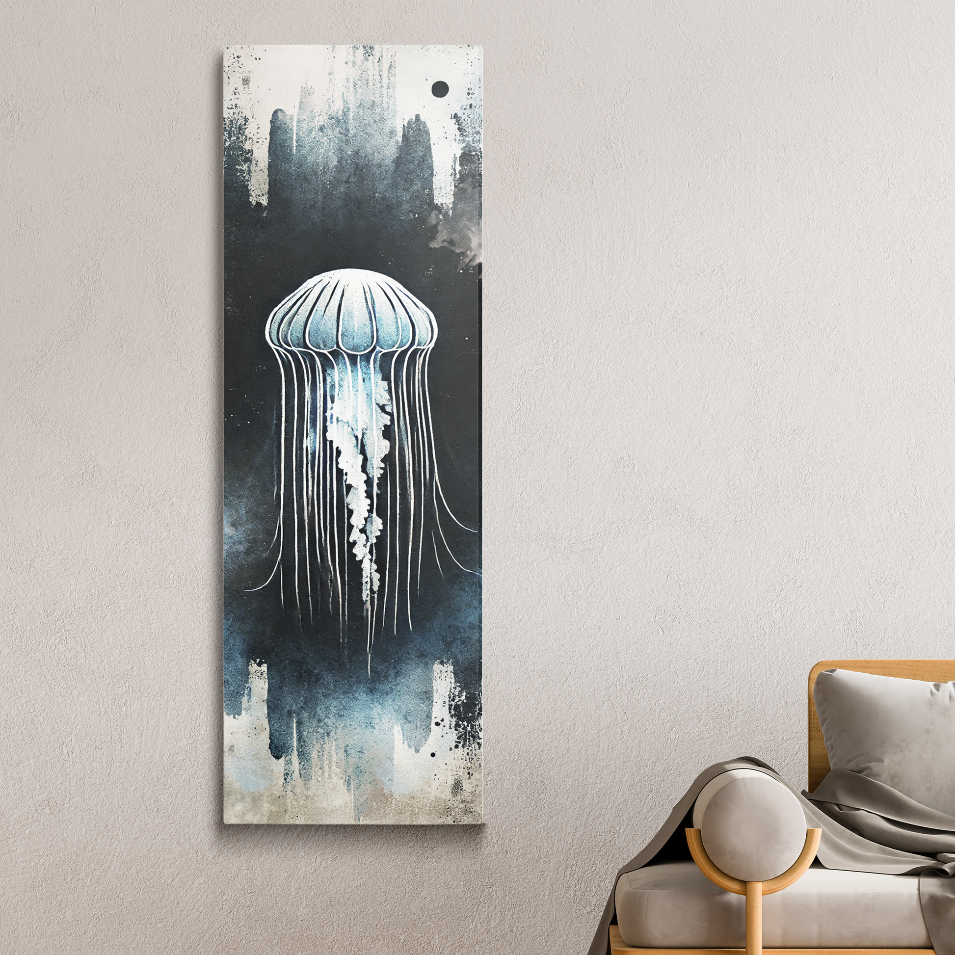 beach wall art on canvas MOONLIT JELLY hanging on a wall.
