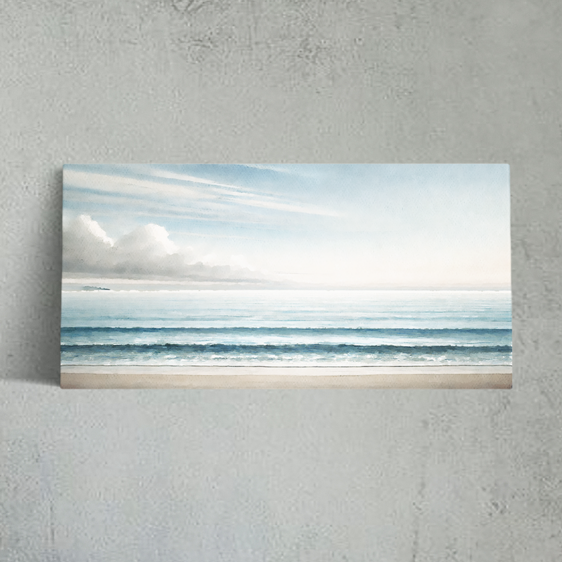 beach canvas art BEYOND THE BLUE hanging on a wall.
