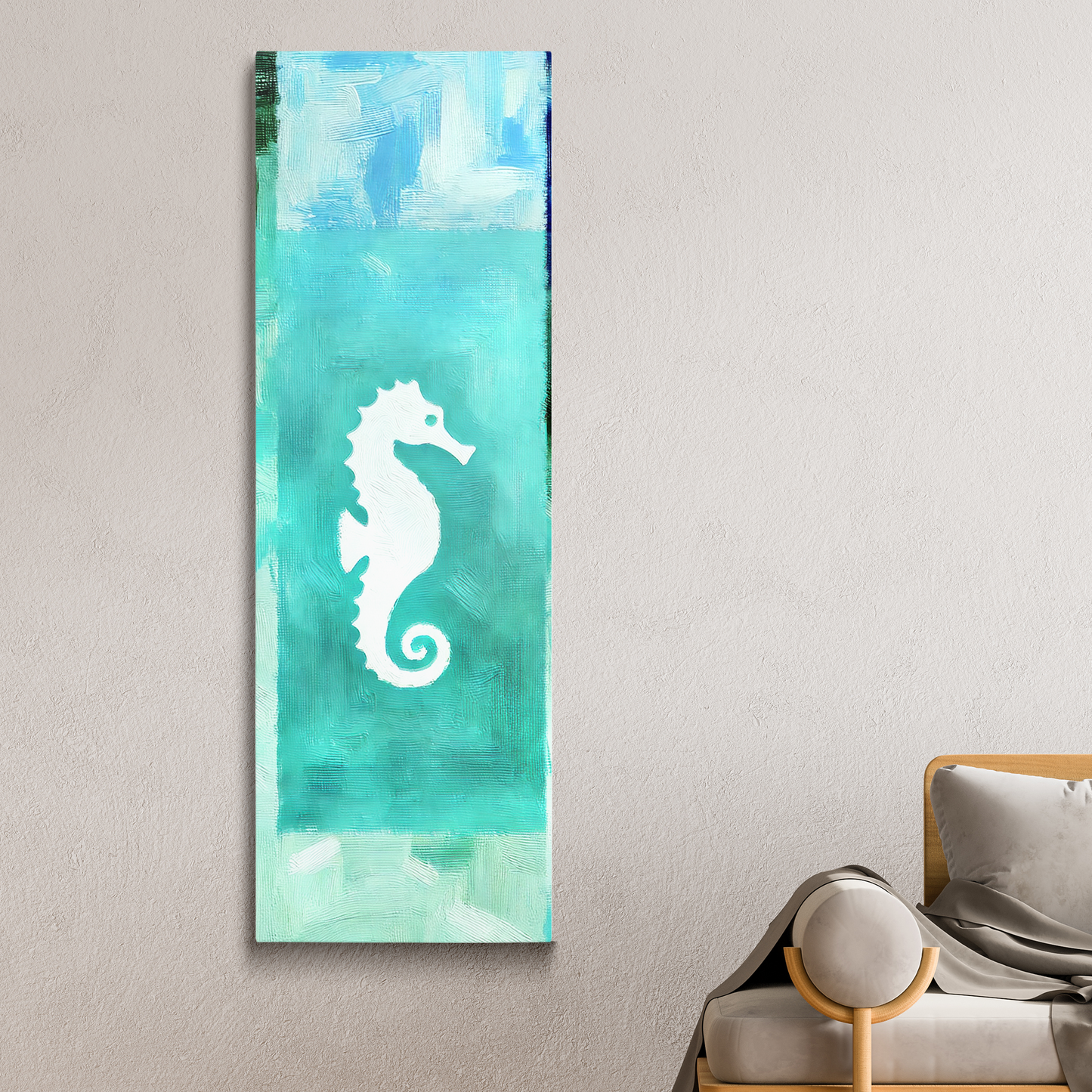 seahorse wall art TURQUOISE SEAHORSE hanging on a wall.