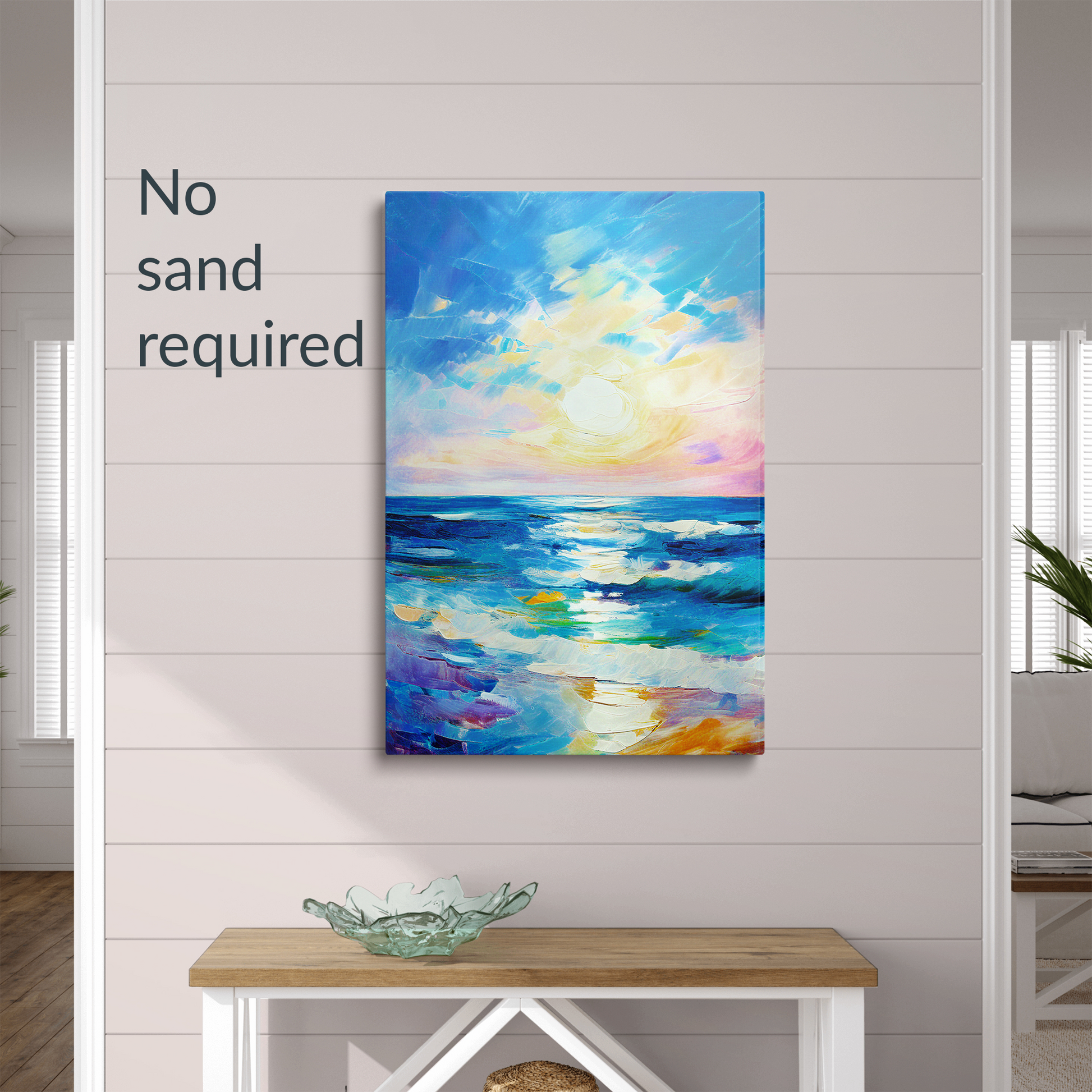 beach wall art REWARD hanging on a shiplap wall. Text reads: “No sand required.”