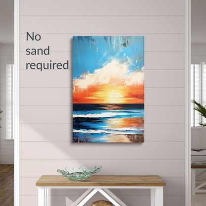 beachside art REFRESH hanging on a shiplap wall. Text reads: “No sand required.”