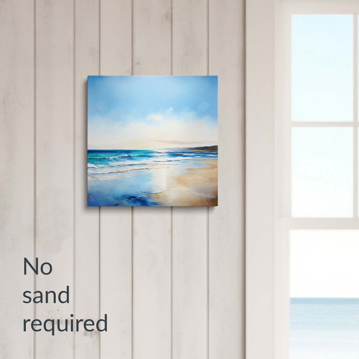 beach canvas wall art SALTY BREEZE hanging on a wall next to a window with beach view. Text reads: “No sand required.”