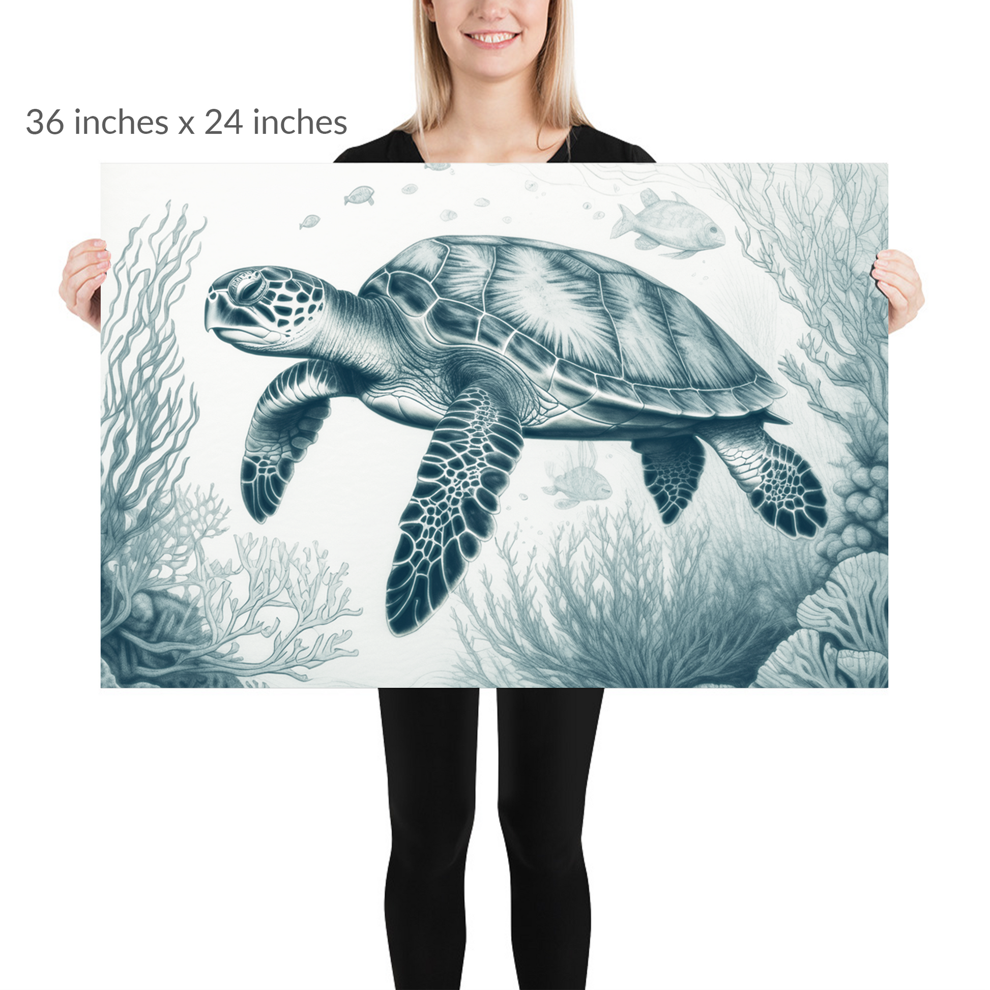 A woman holds the piece. sea turtle wall art OCEAN WANDERER. print is in landscape orientation. Text reads: 36 in x 24 in
