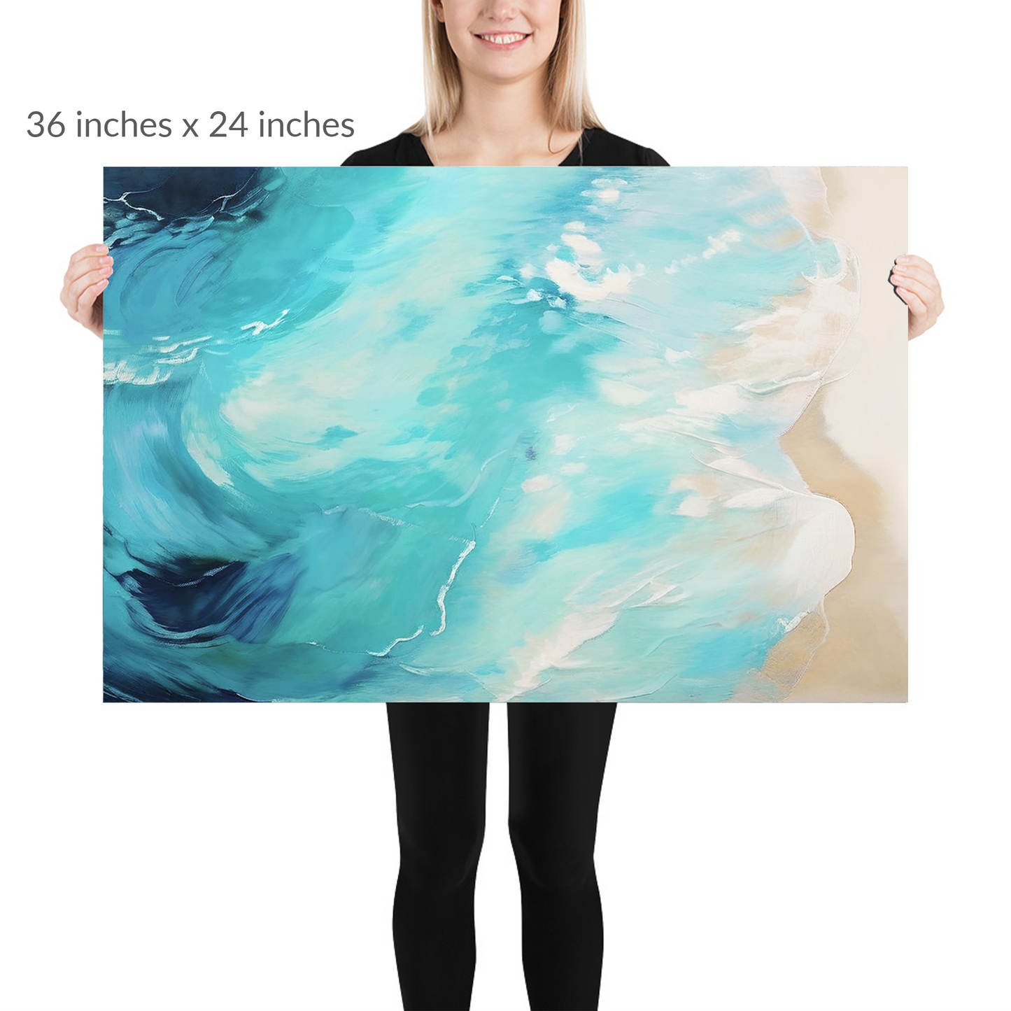 A woman holds the piece. ocean art OCEANS EDGE. print is in landscape orientation. Text reads: 36 in x 24 in