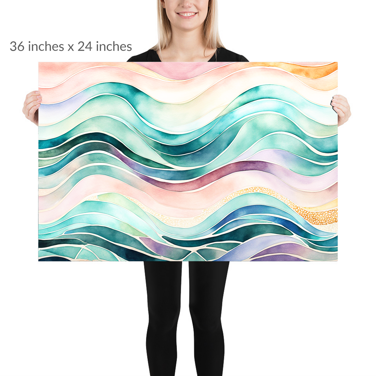 A woman holds the piece. waves art print EBB AND FLOW. print is in landscape orientation. Text reads: 36 in x 24 in
