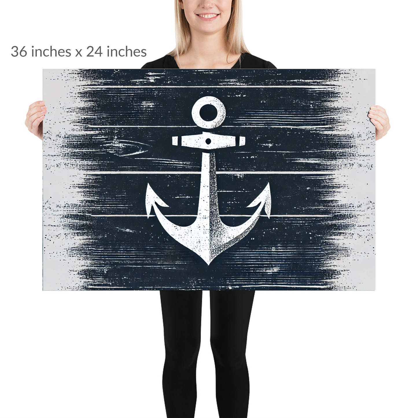 A woman holds the piece. anchor art HARBOR HOLD. print is in landscape orientation. Text reads: 36 in x 24 in
