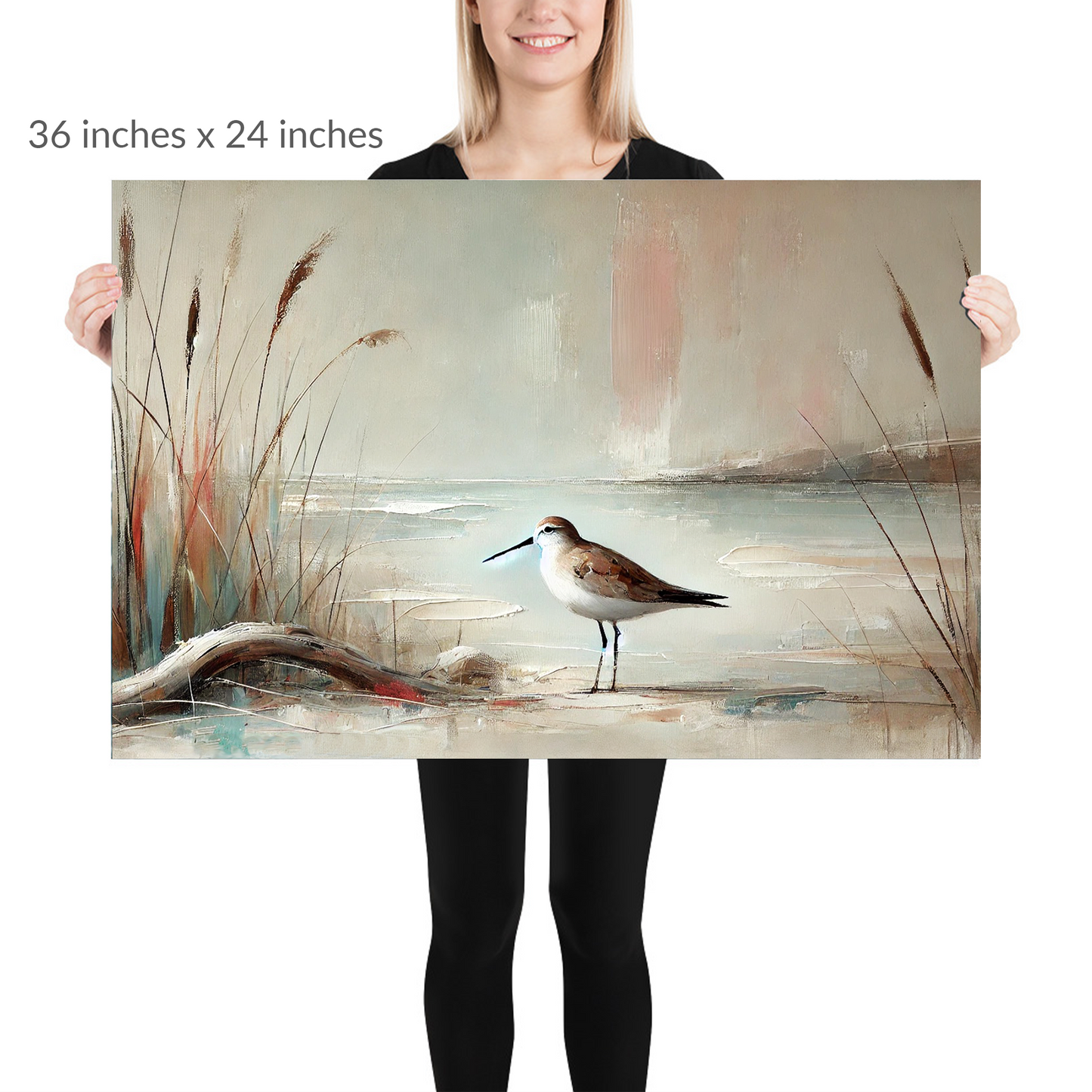 A woman holds the piece. fall shore art AUTUMN SANDPIPER. Unframed Print is in landscape orientation. Text reads: 36 in x 24 in