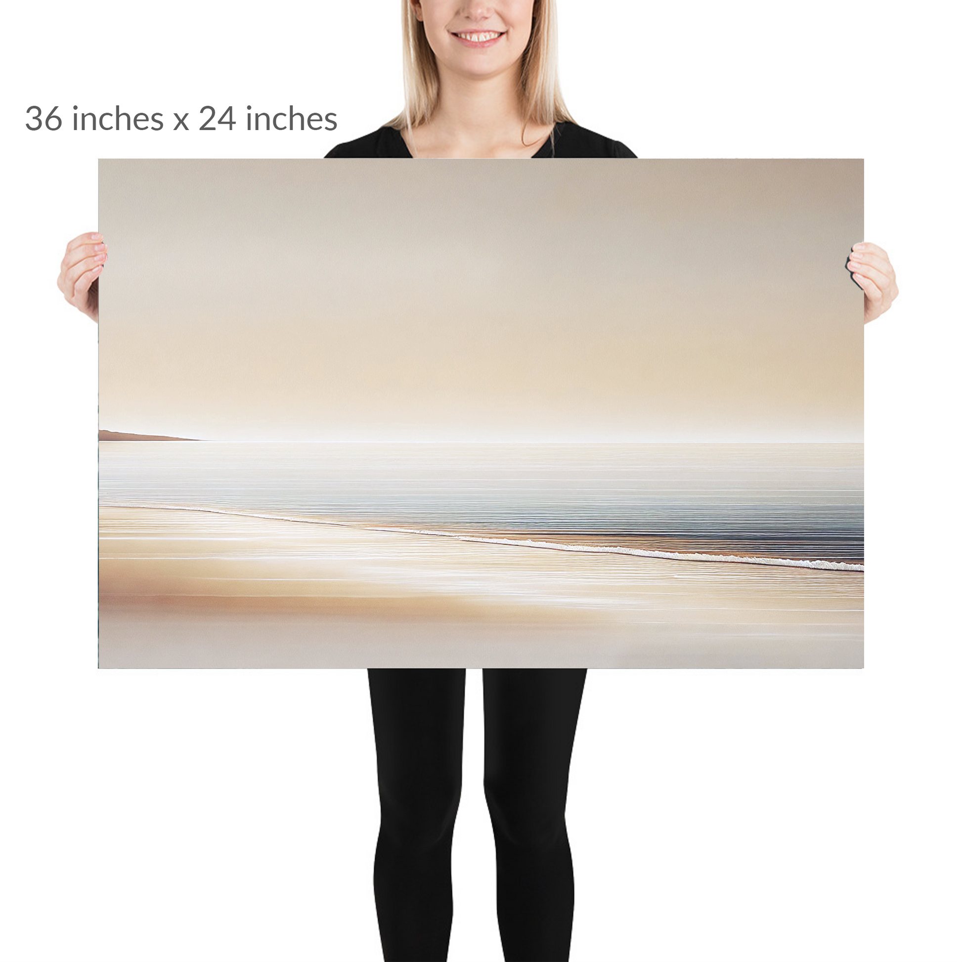 A woman holds the piece. autumn shore art AUTUMN SHORE. Unframed Print is in landscape orientation. Text reads: 36 in x 24 in
