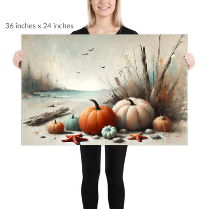 A woman holds the piece. coastal fall print BEACHSIDE HARVEST. Unframed Print is in landscape orientation. Text reads: 36 in x 24 in