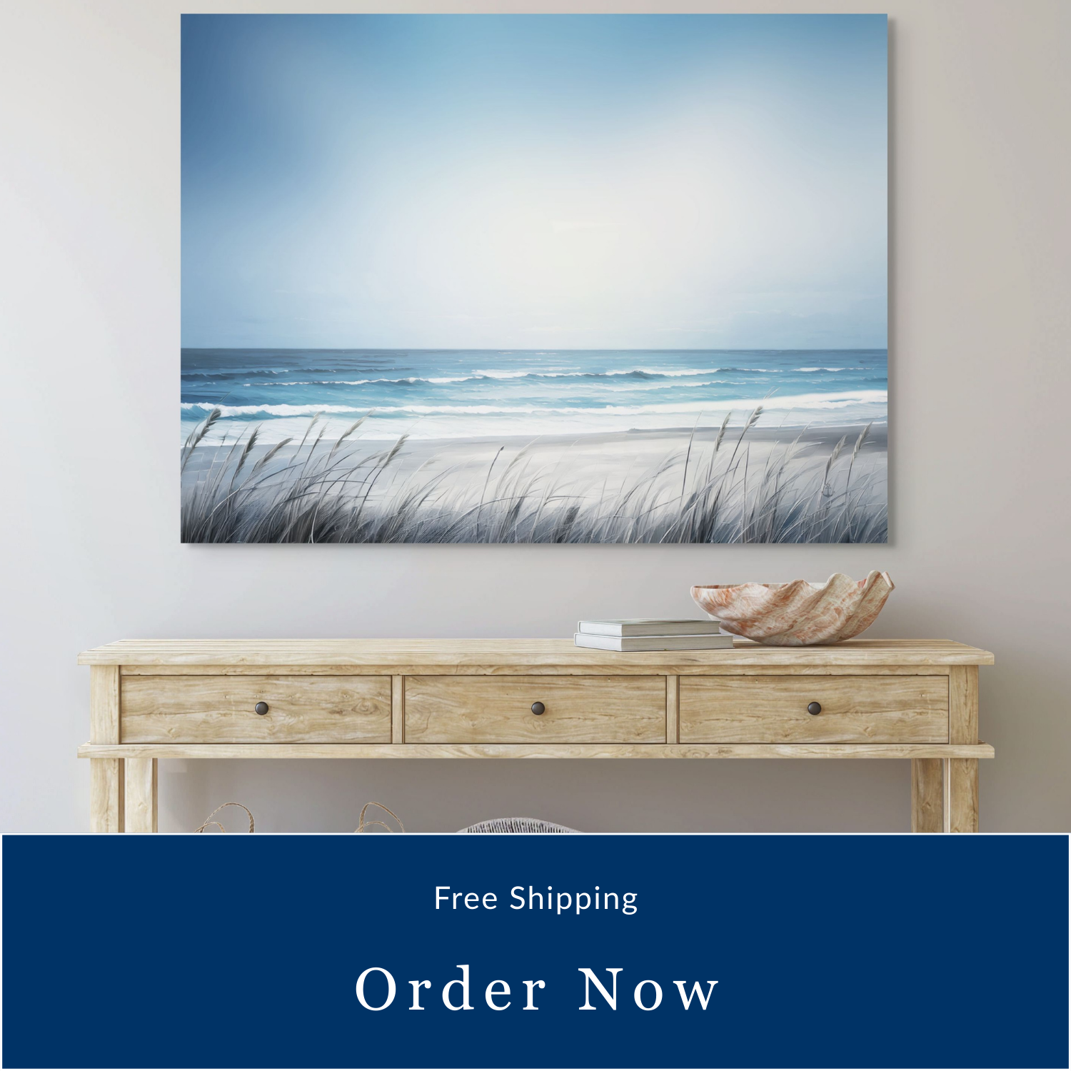 Beach scene painting, Saltwater surf. above a wooden console table text reads: free shipping order now