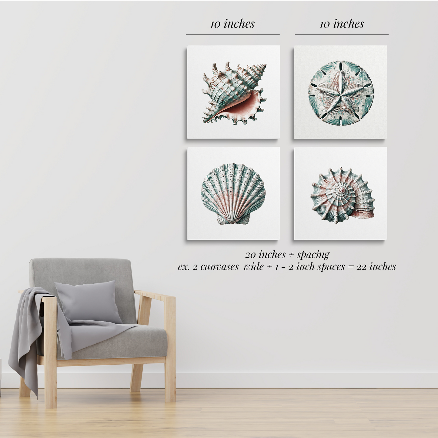 4 Piece Art Bundle arranged in a 2x2 square on a wall beside a chair. Text Reads: "20 inches plus spacing. For example 20 inches plus 2 inch spacing is 22 inches across"