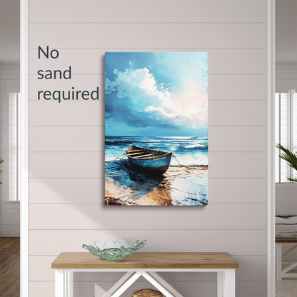 coastal wall art TIDE hanging on a shiplap wall. Text reads: “No sand required.”