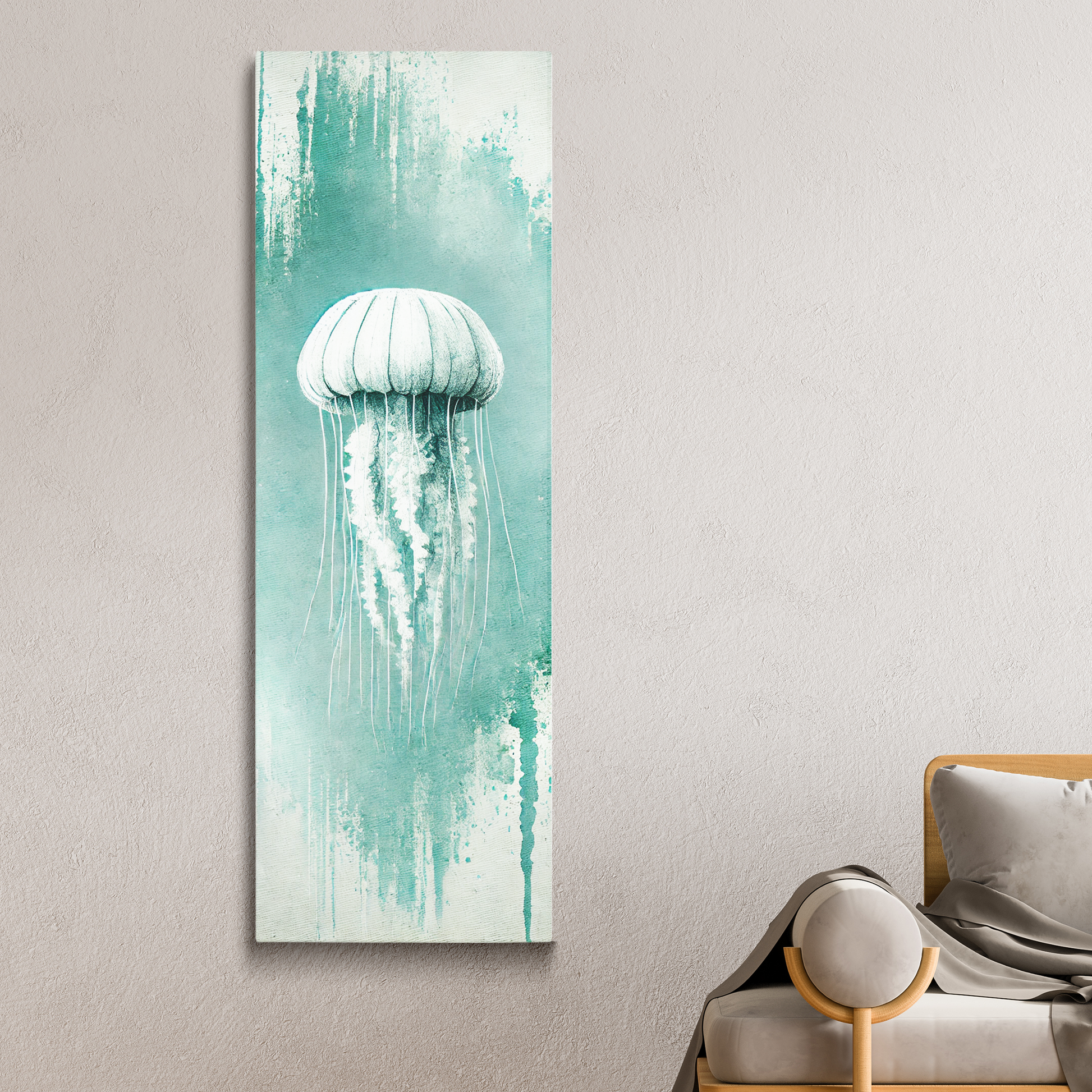 beach art canvas JELLYFISH GLOW hanging on a wall.