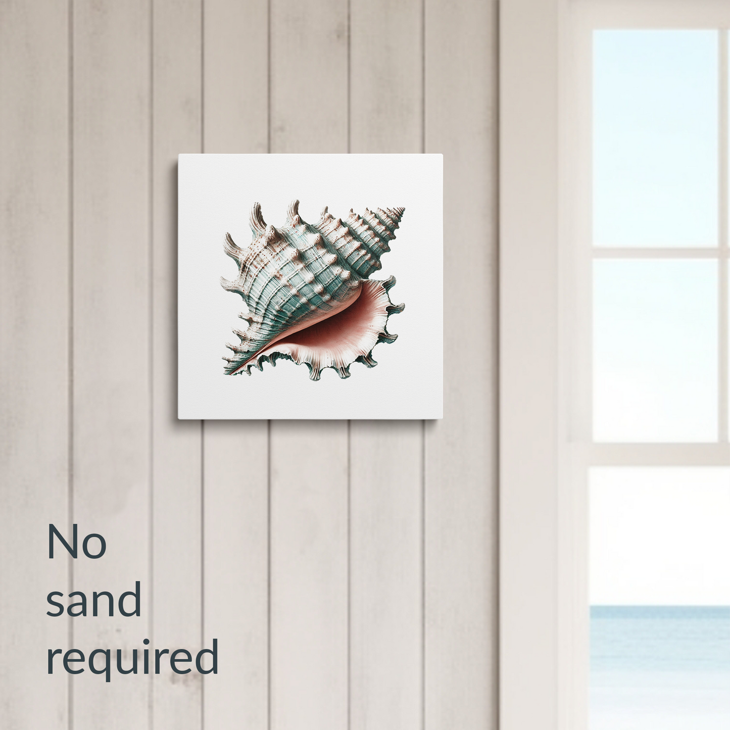 shell wall art SEA SPIRAL hanging on a wall next to a window with beach view. Text reads: “No sand required.”