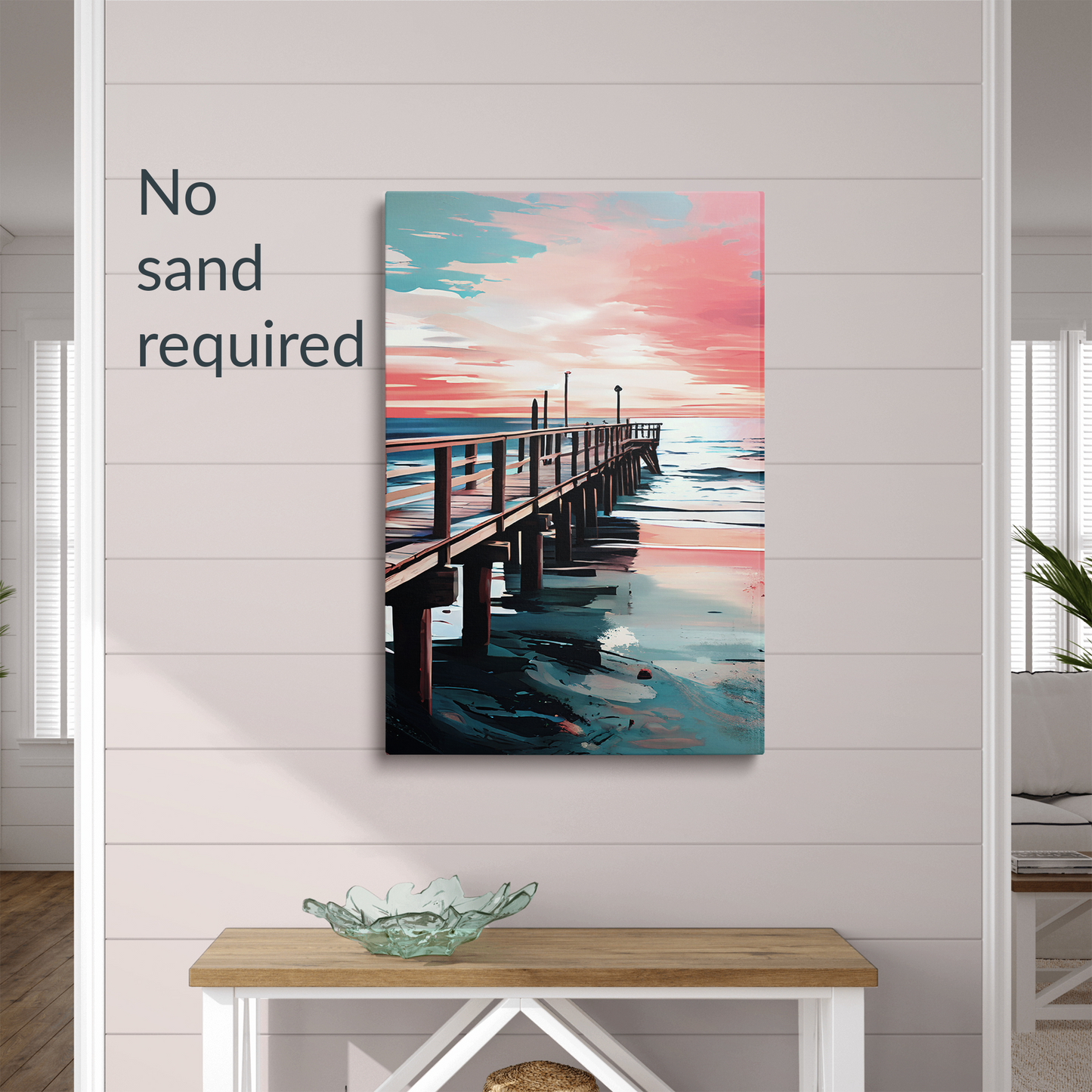 coastal canvas art DISTANCE hanging on a shiplap wall. Text reads: “No sand required.”