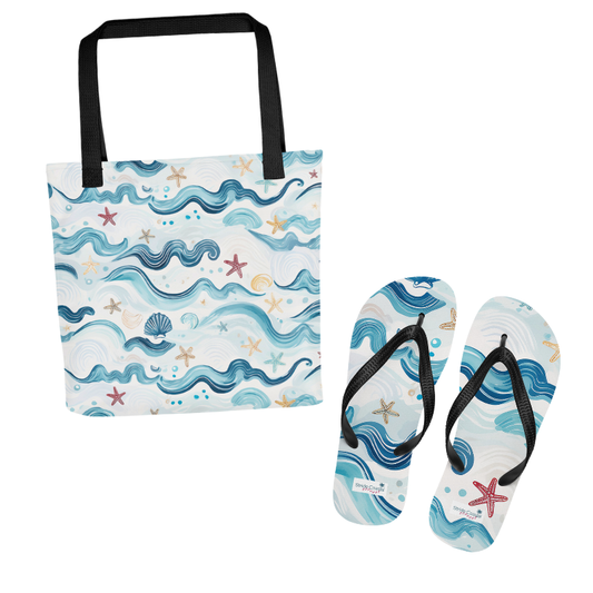 Beach Stroll Bundle: Blue Ocean Waves Tote & Flip Flops