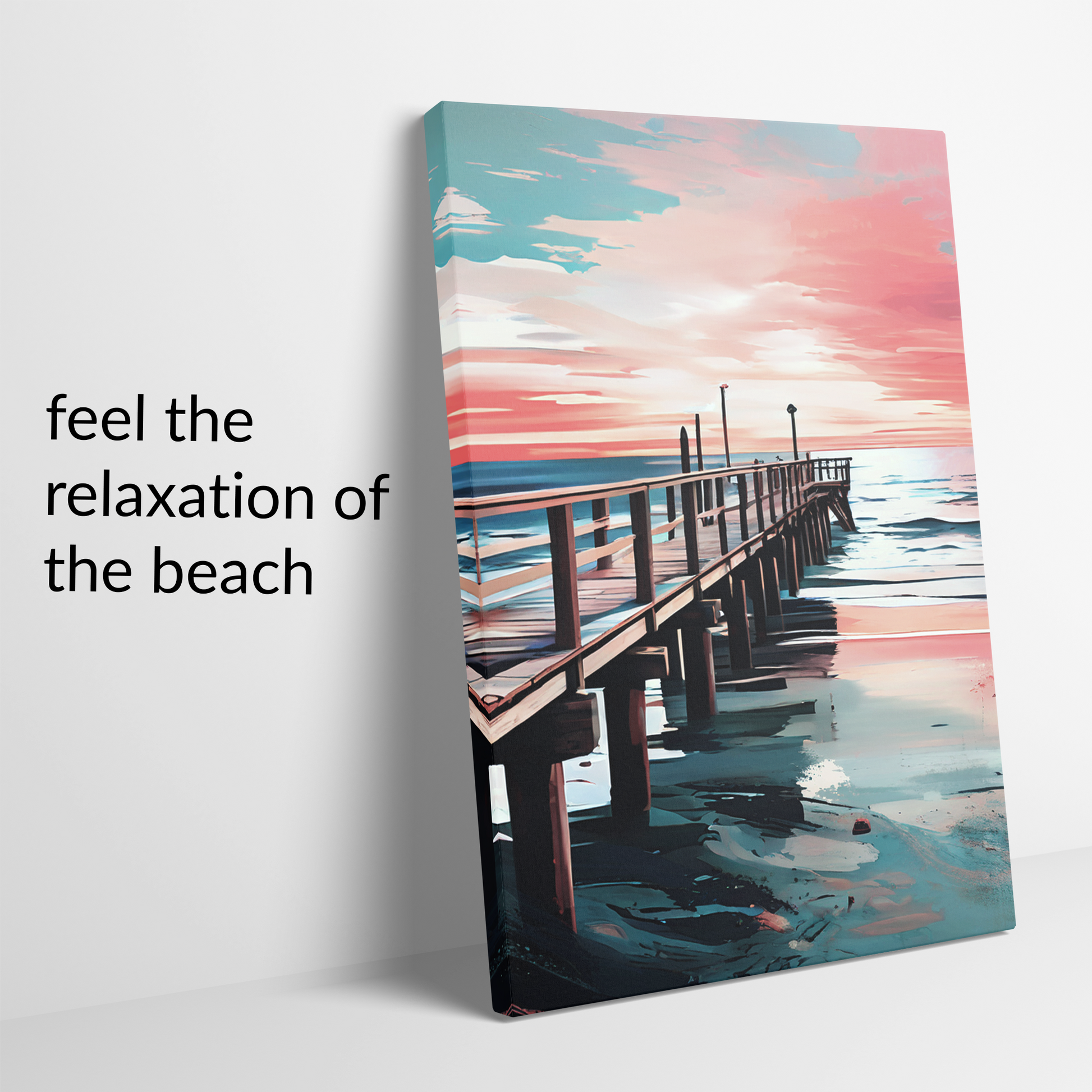 coastal canvas art DISTANCE showing the mirrored edge. Text reads: “feel the relaxation of the beach.”