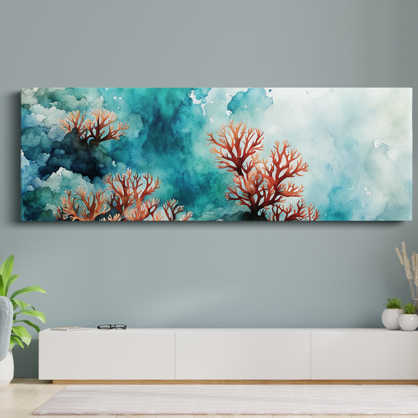 sea life canvas wall art COASTAL CORAL hanging on a wall.
