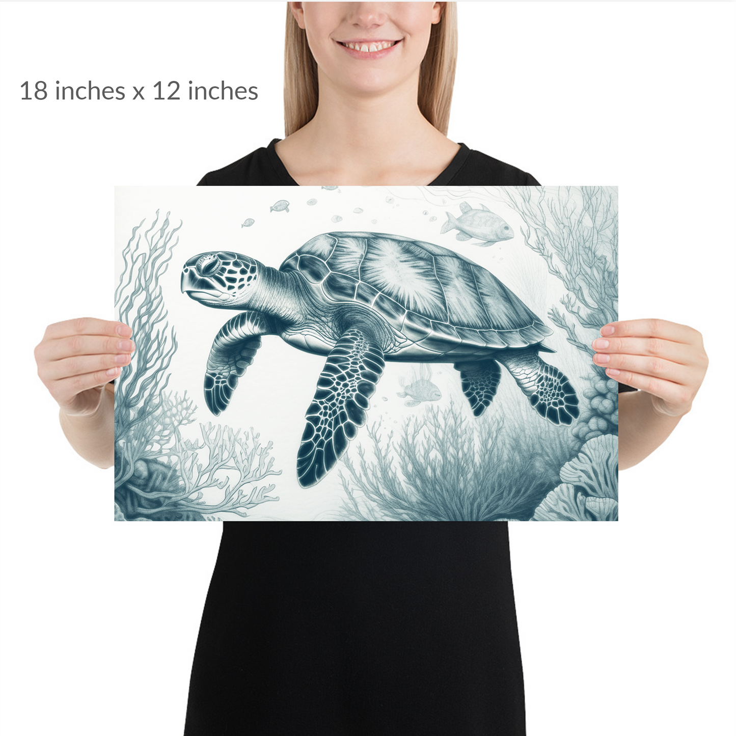 A woman holds the piece. sea life art OCEAN WANDERER. print is in landscape orientation. Text reads: 18 in x 12 in
