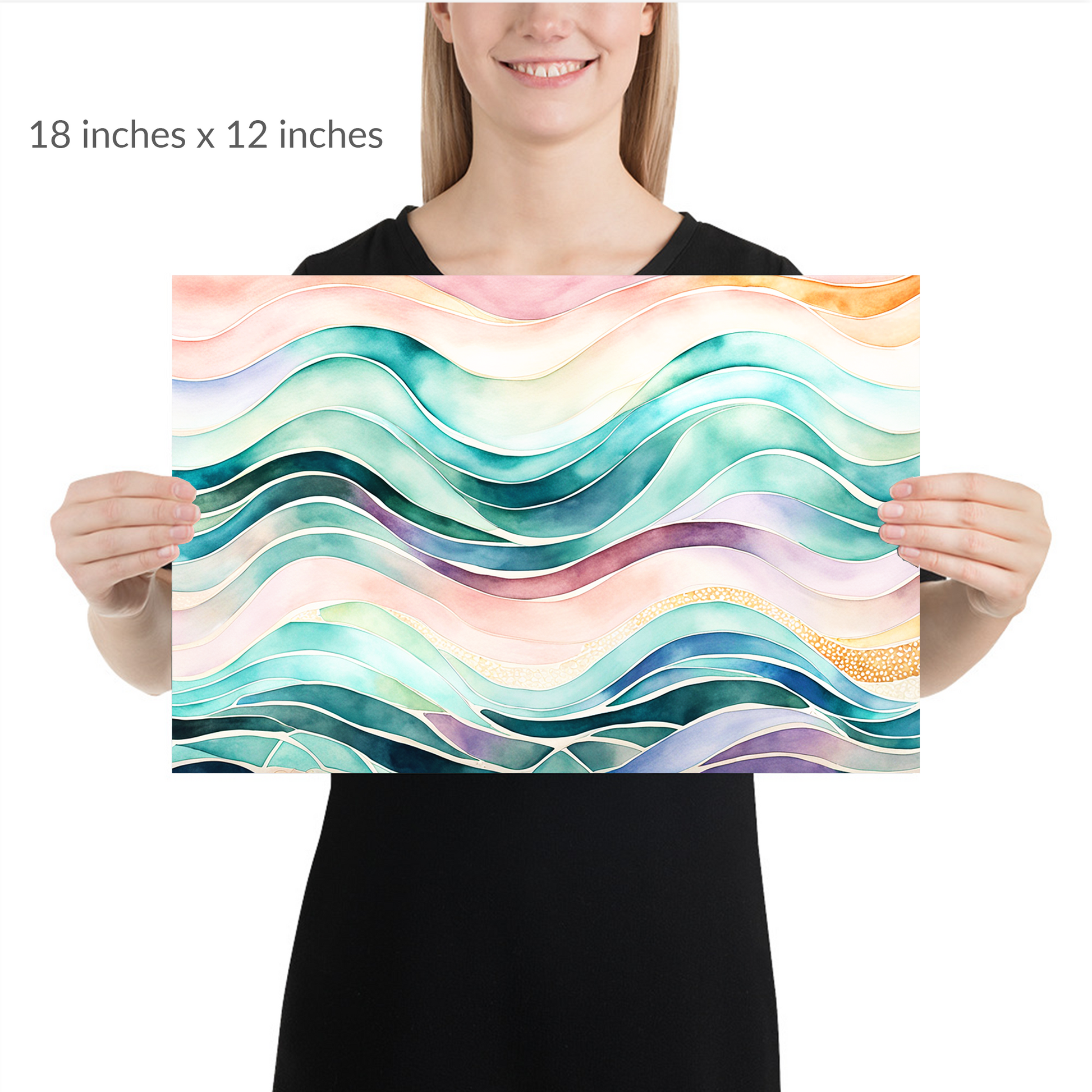 A woman holds the piece. beach wave art EBB AND FLOW. print is in landscape orientation. Text reads: 18 in x 12 in