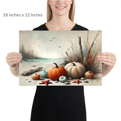 A woman holds the piece. coastal pumpkin art BEACHSIDE HARVEST. Unframed Print is in landscape orientation. Text reads: 18 in x 12 in