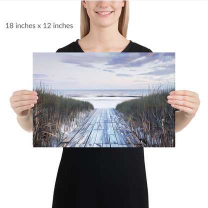 A woman holds the piece. autumn coastal decor BOARDWALK TO SHORE. Unframed Print is in landscape orientation. Text reads: 18 in x 12 in
