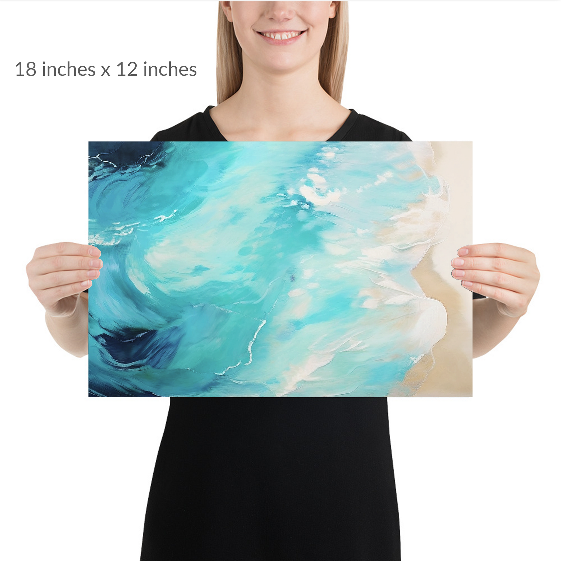 A woman holds the piece. sea art print OCEANS EDGE. print is in landscape orientation. Text reads: 18 in x 12 in