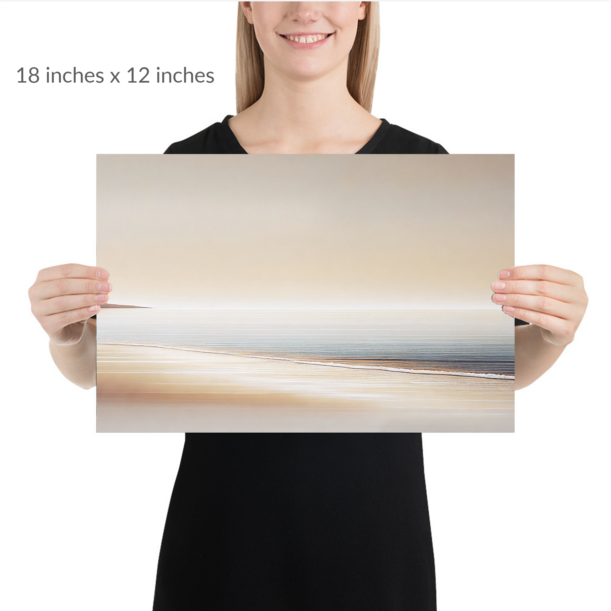 A woman holds the piece. fall shore art AUTUMN SHORE. Unframed Print is in landscape orientation. Text reads: 18 in x 12 in
