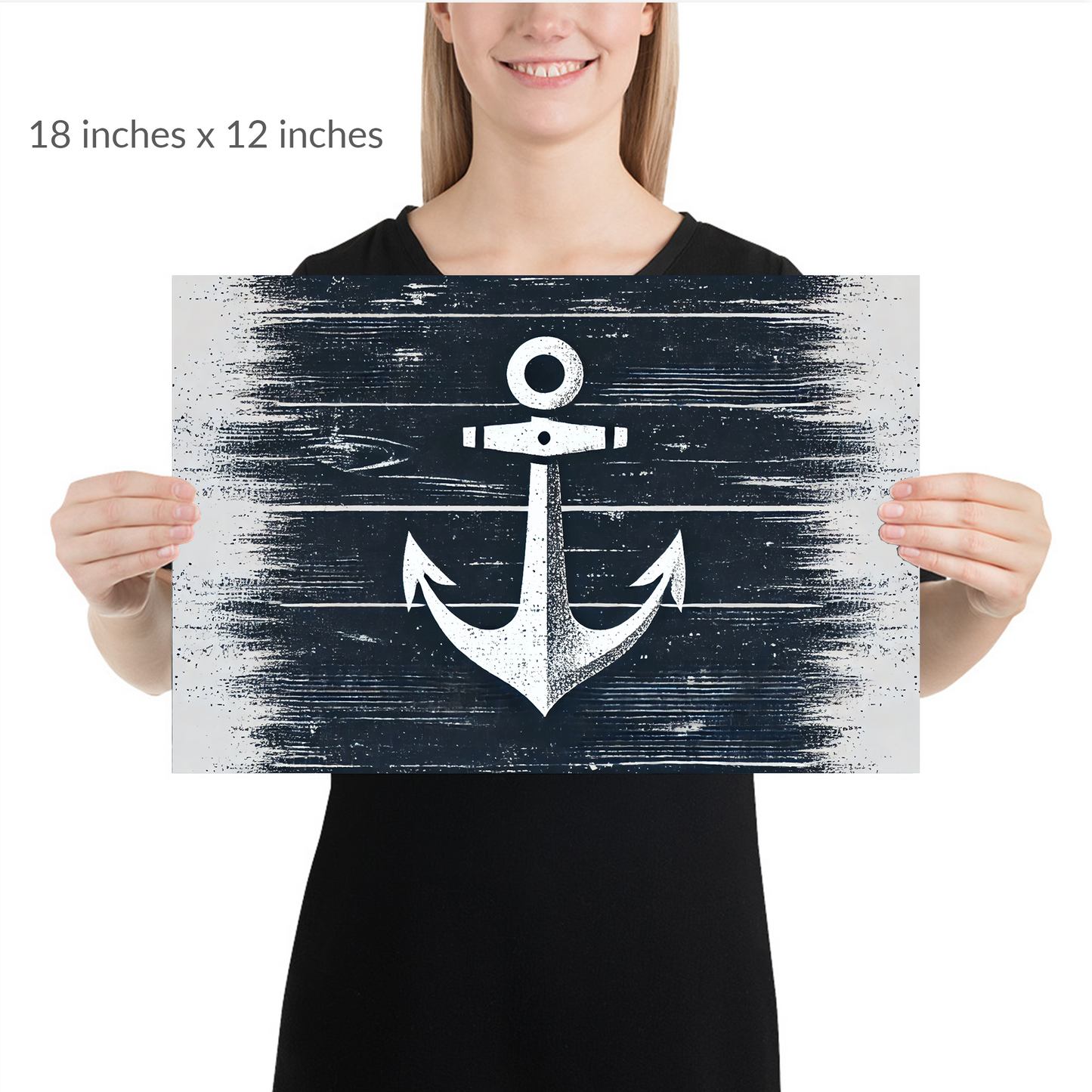 A woman holds the piece. maritime print HARBOR HOLD. print is in landscape orientation. Text reads: 18 in x 12 in