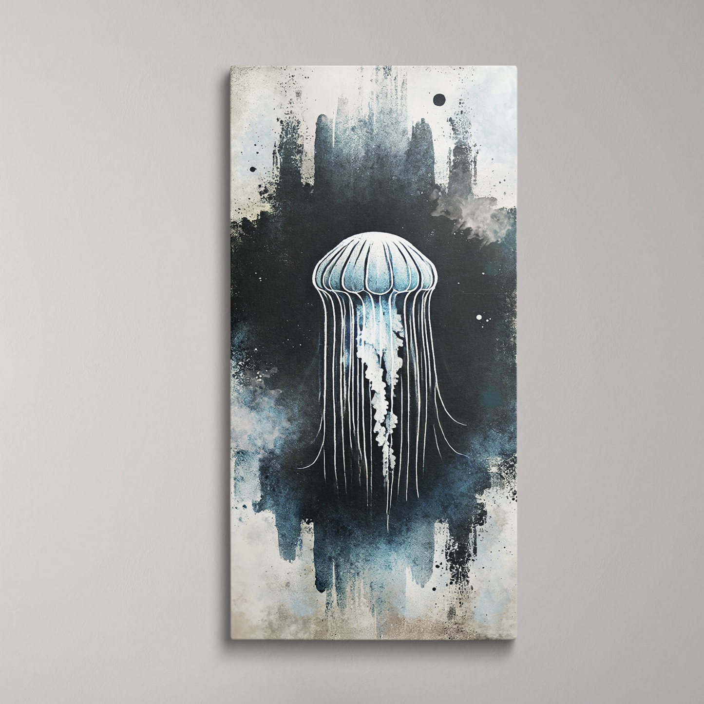 beach wall art on canvas MOONLIT JELLY hanging on a wall.
