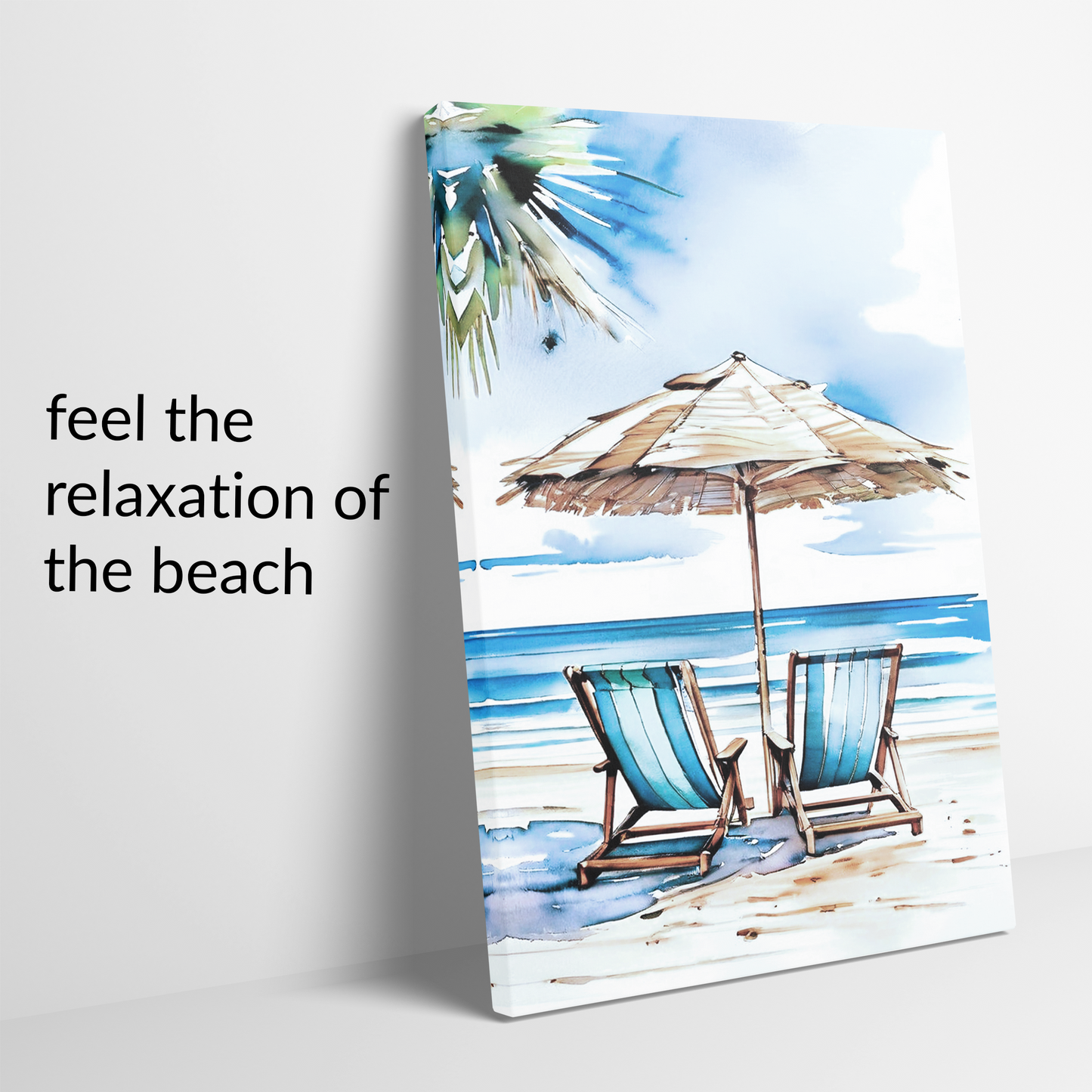 beach canvas art ESCAPE showing the mirrored edge. Text reads: “feel the relaxation of the beach.”