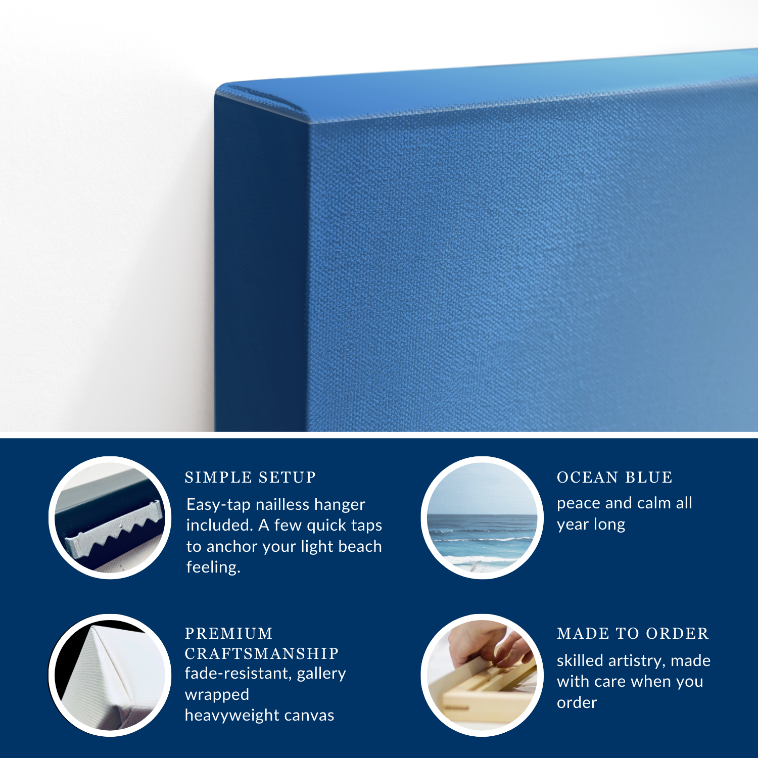 Blue canvas art with text detailing features simple setup, premium craftsmanship, ocean blue, made to order