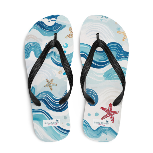Comfortable sandals with curvy waves design shown from above
