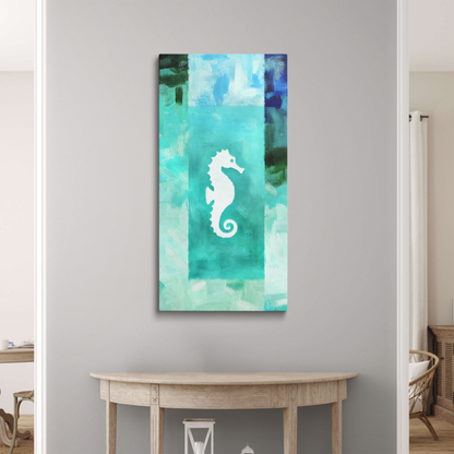 seahorse wall art TURQUOISE SEAHORSE hanging in an entryway.