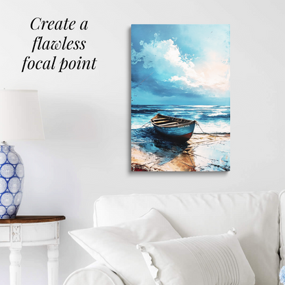 coastal wall art TIDE hanging over a white couch. Text reads: “Create a flawless focal point.”