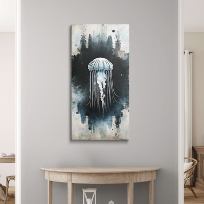 beach wall art on canvas MOONLIT JELLY hanging in an entryway.
