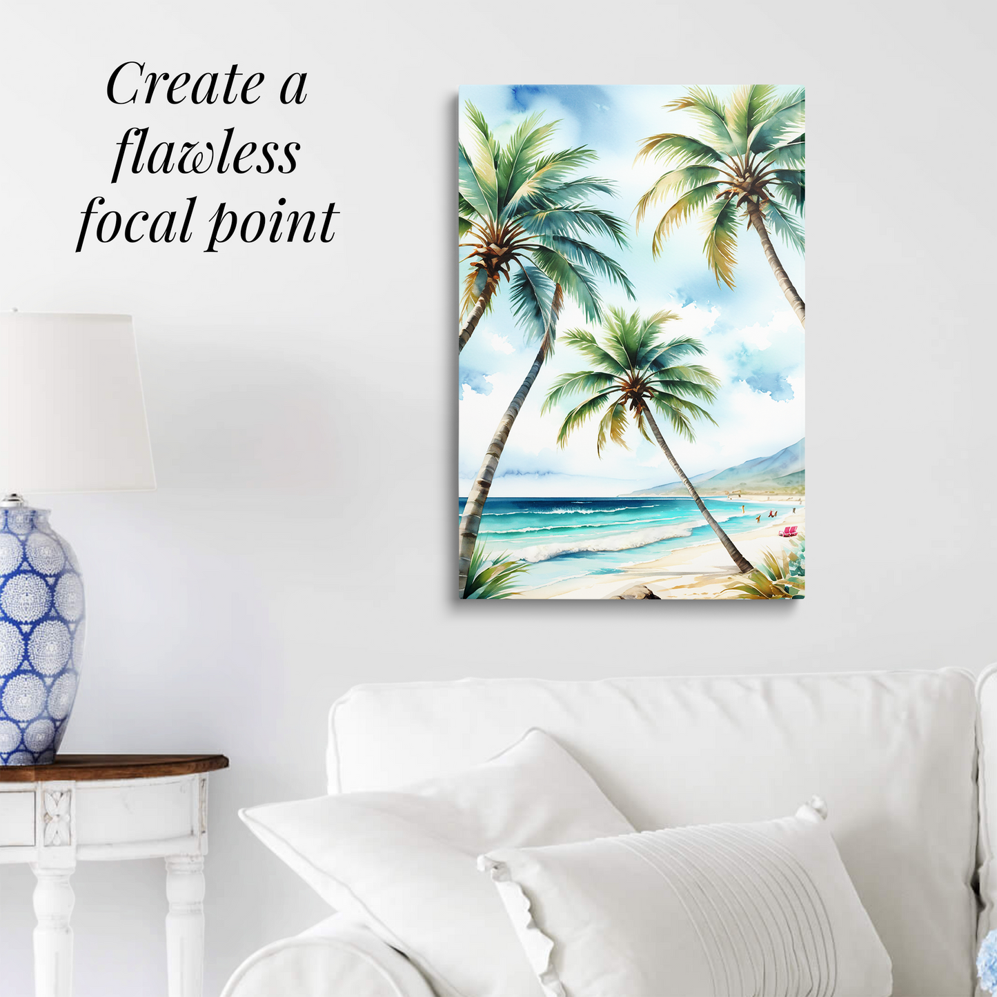 palm tree art PARADISE PALMS hanging over a white couch. Text reads: “Create a flawless focal point.”