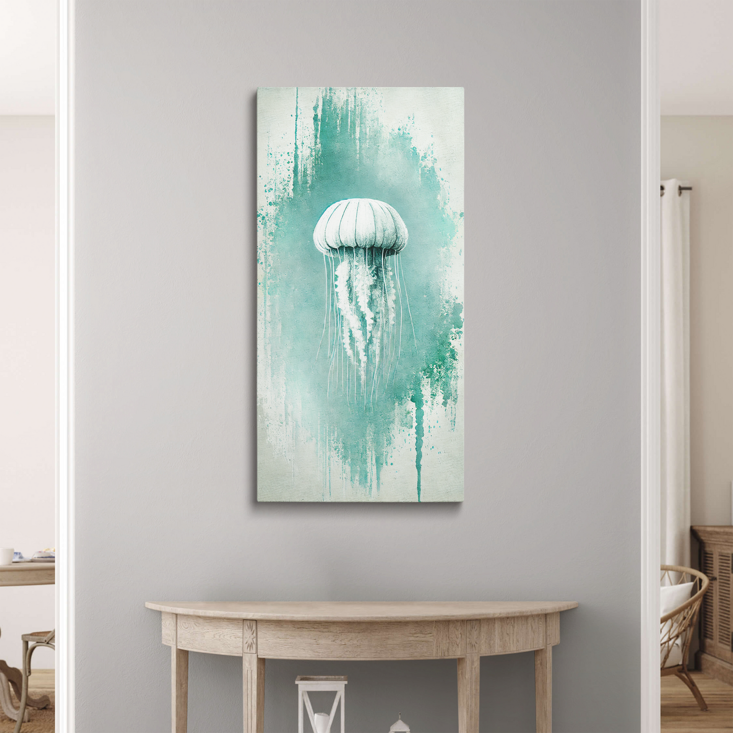 beach art canvas JELLYFISH GLOW hanging in an entryway.