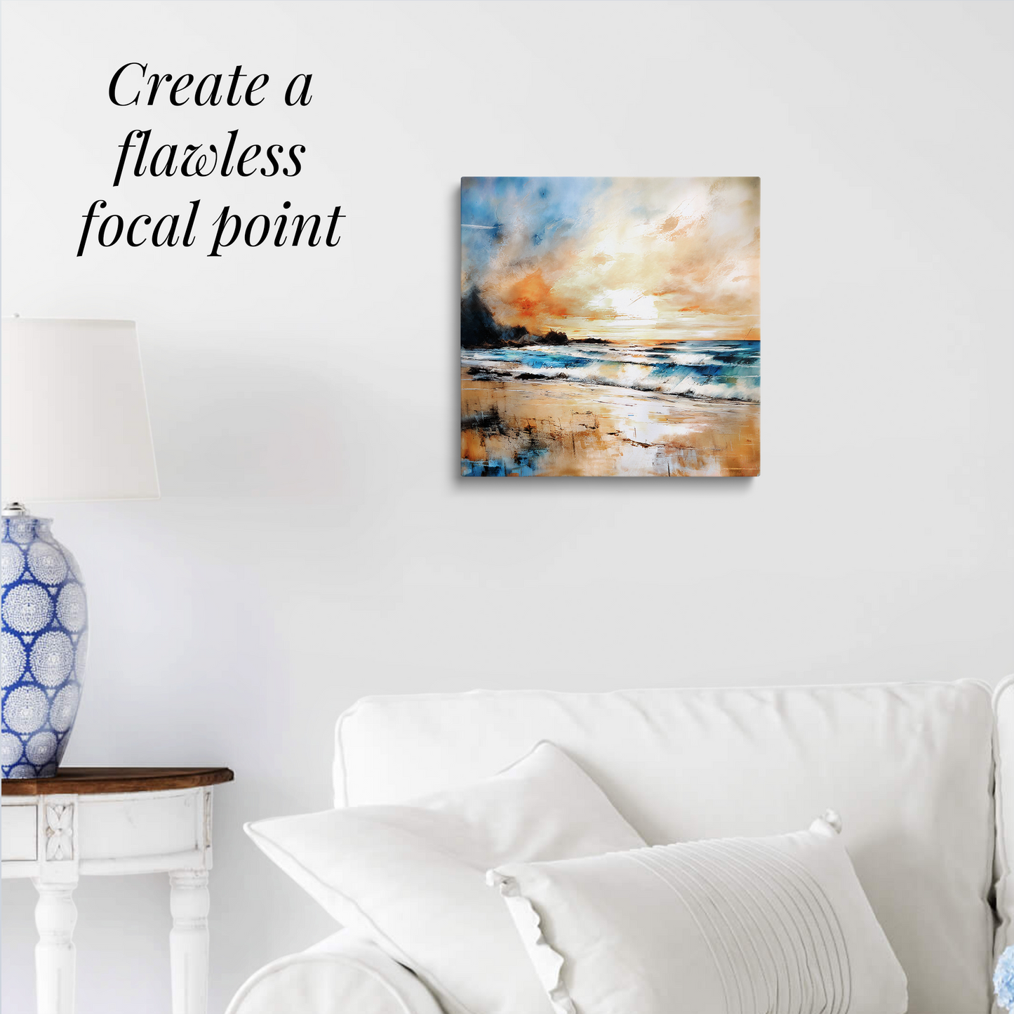 beach art canvas print BUBBLY SHORES hanging over a white couch. Text reads: “Create a flawless focal point.”