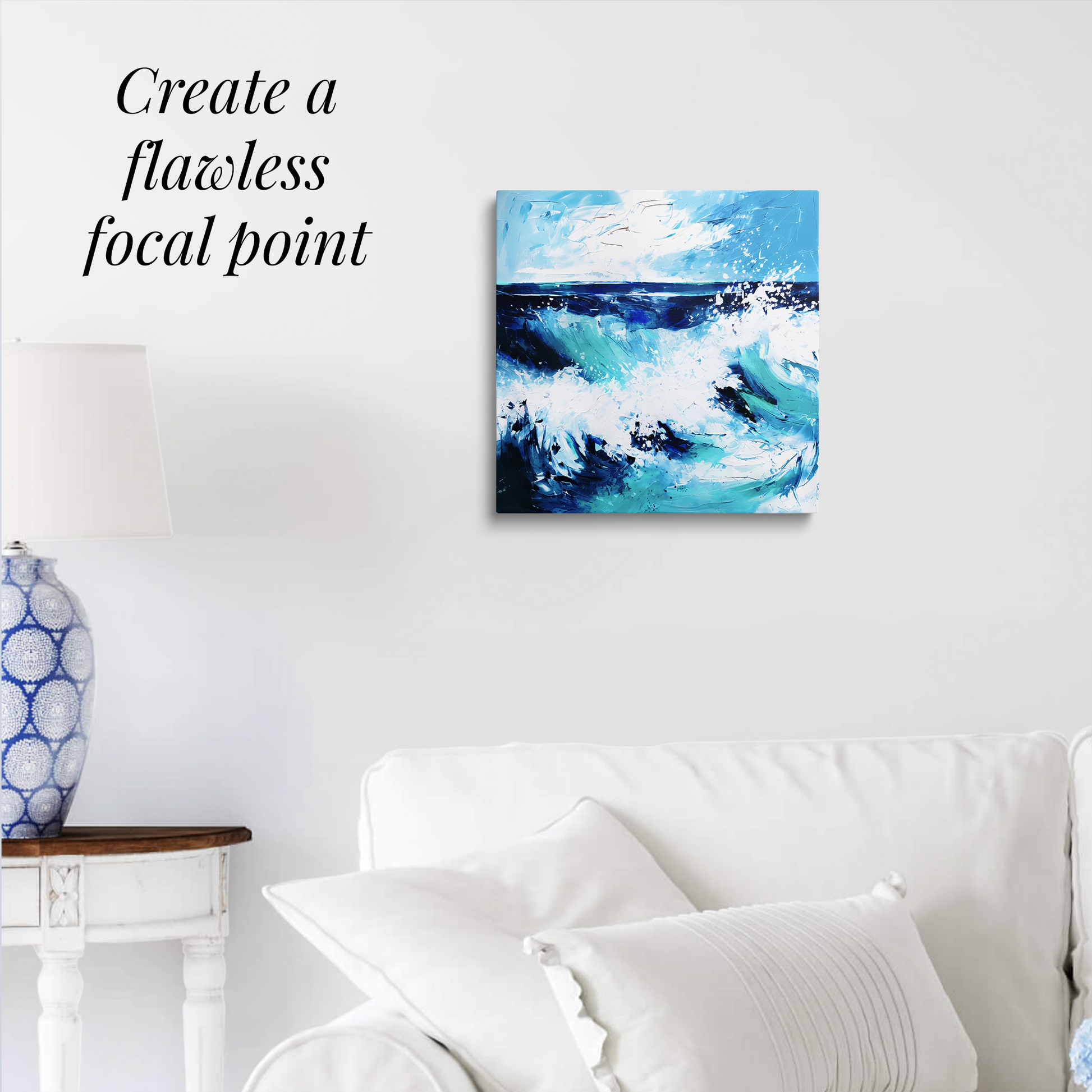 unique coastal wall art SPLASH hanging over a white couch. Text reads: “Create a flawless focal point.”