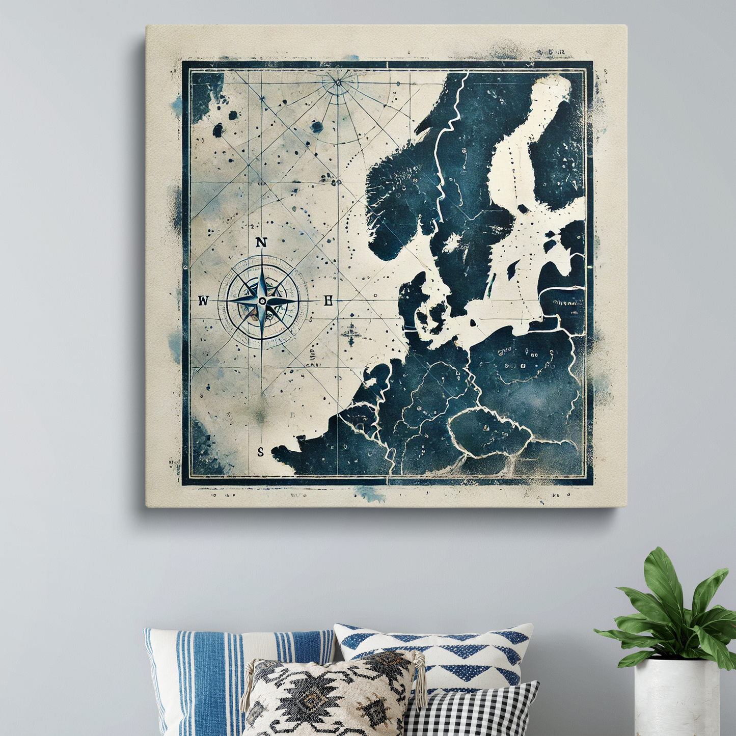 nautical chart art NAUTICAL DEPTHS hanging above pillows and a plant.