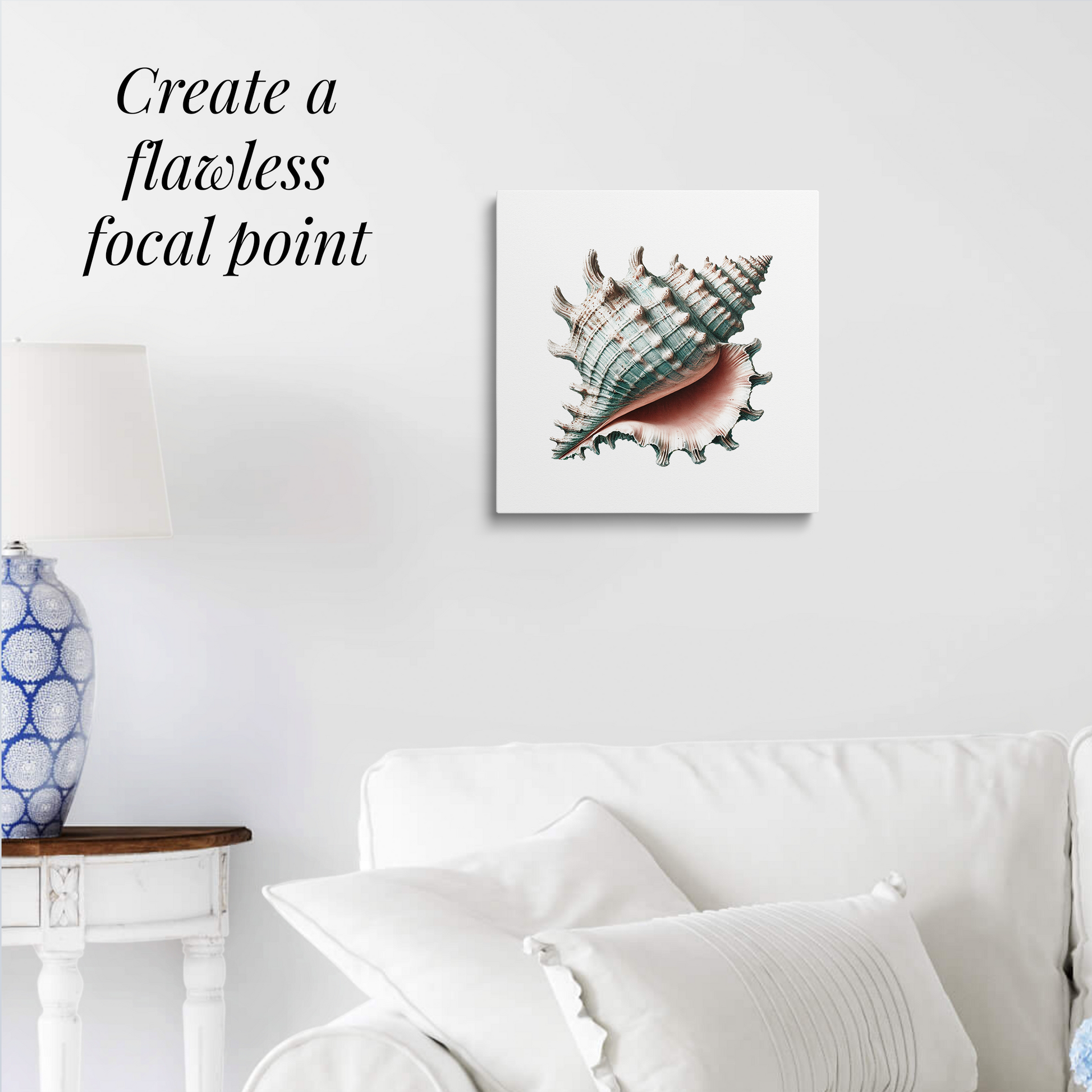 shell wall art SEA SPIRAL hanging over a white couch. Text reads: “Create a flawless focal point.”