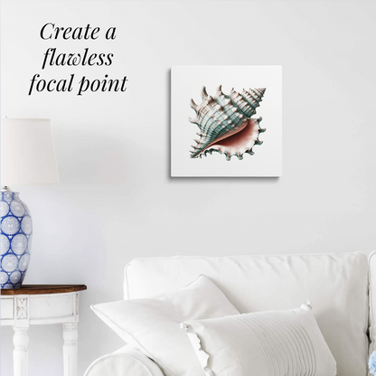 shell wall art SEA SPIRAL hanging over a white couch. Text reads: “Create a flawless focal point.”