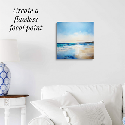 beach canvas wall art SALTY BREEZE hanging over a white couch. Text reads: “Create a flawless focal point.”