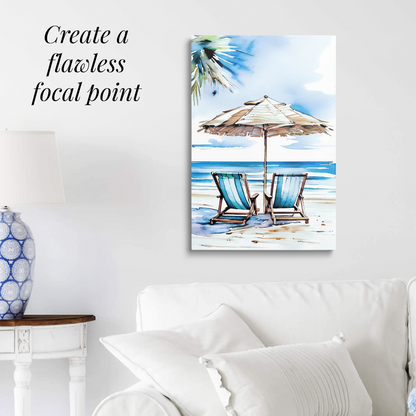 beach canvas art ESCAPE hanging over a white couch. Text reads: “Create a flawless focal point.”