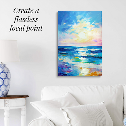 beach wall art REWARD hanging over a white couch. Text reads: “Create a flawless focal point.”