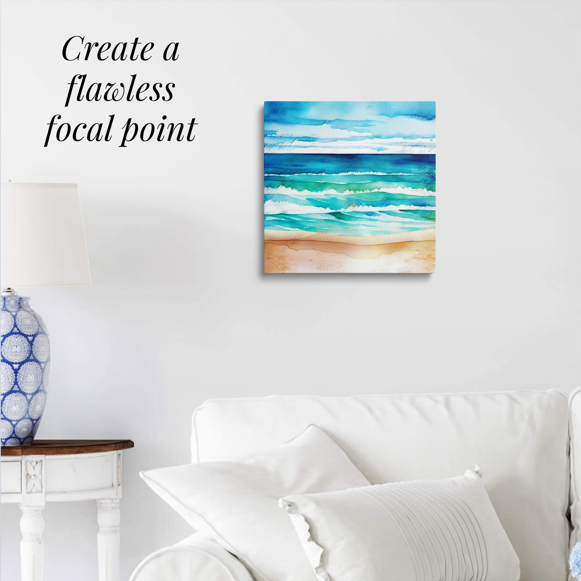 beach art canvas print CRYSTAL WATERS hanging over a white couch. Text reads: “Create a flawless focal point.”