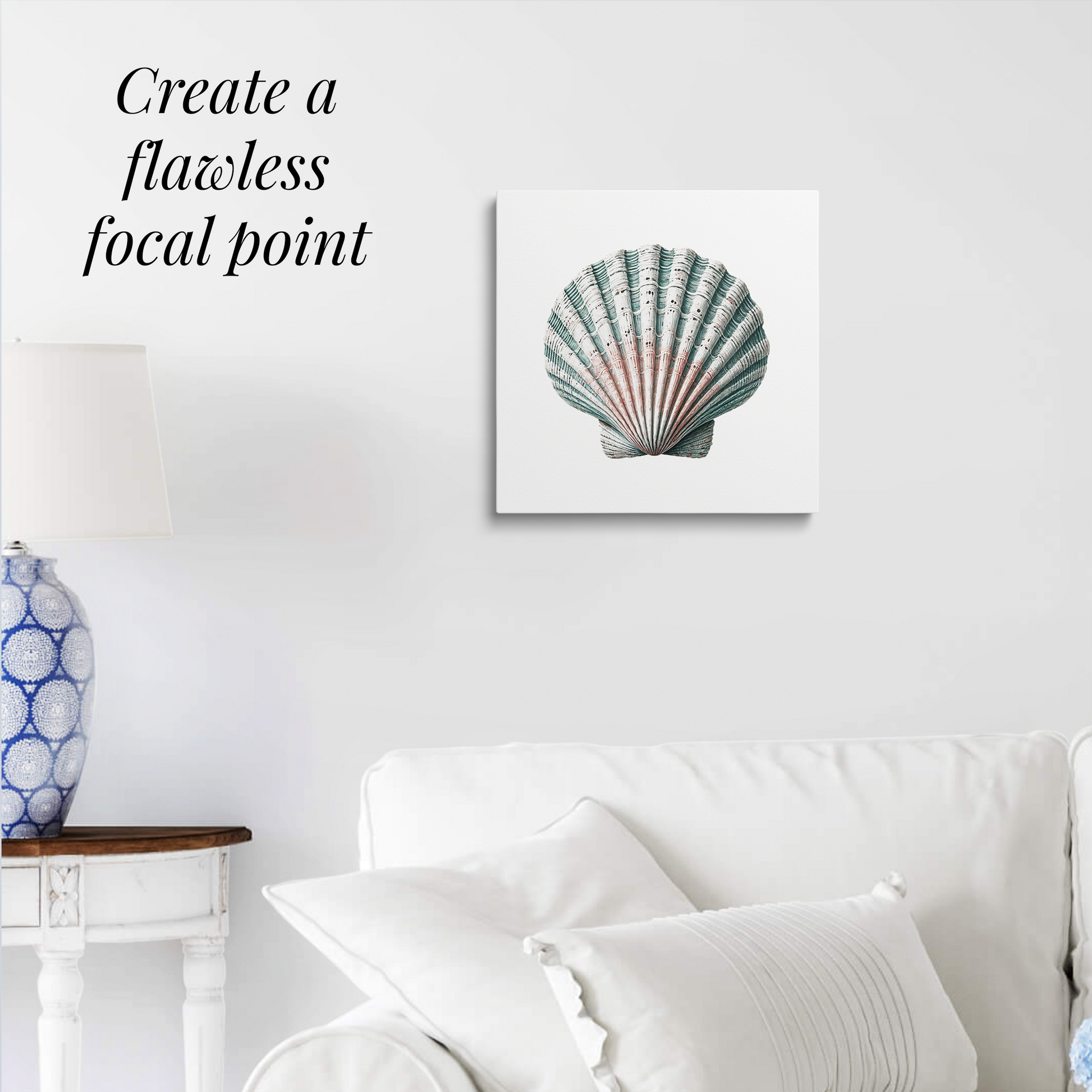 sea shell wall art TIDAL CLAM hanging over a white couch. Text reads: “Create a flawless focal point.”