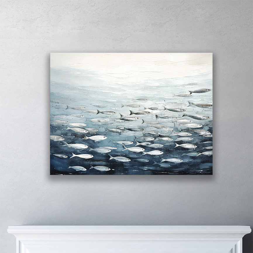 This fish art painting hanging on a wall – premium thick coastal canvas.
