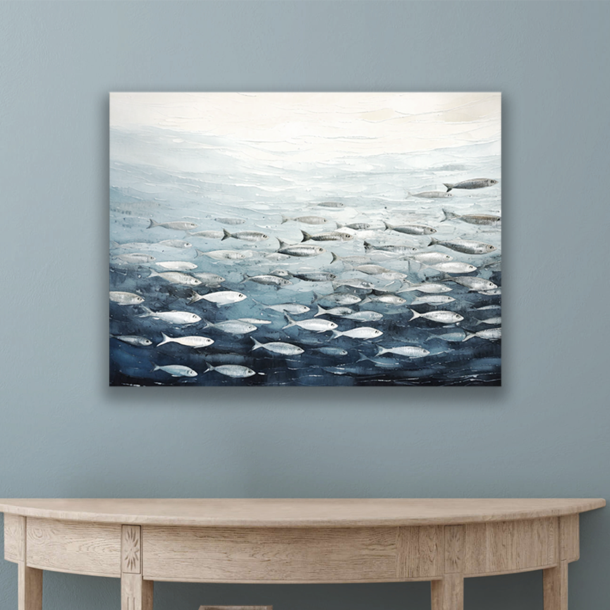 This fish art prints hanging on a wall, perfect for a beach-inspired space
